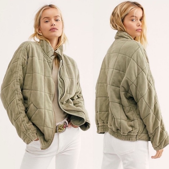 Free People Jackets & Blazers - Free People Green Bomber Jacket with Diamond Quilting